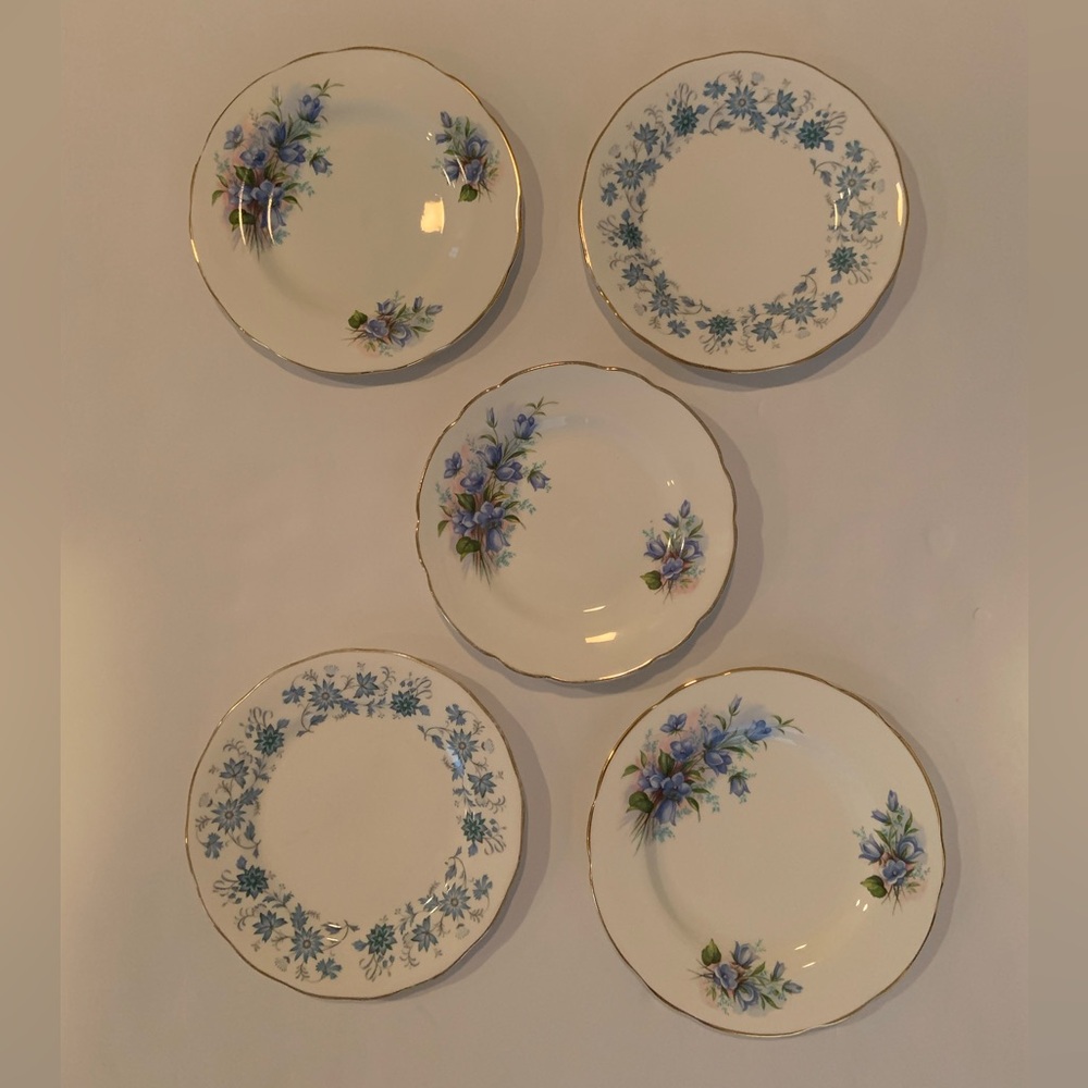 VTG Mismatched Set Of 5 Blue Floral Bread & Butter Plates Bone China England